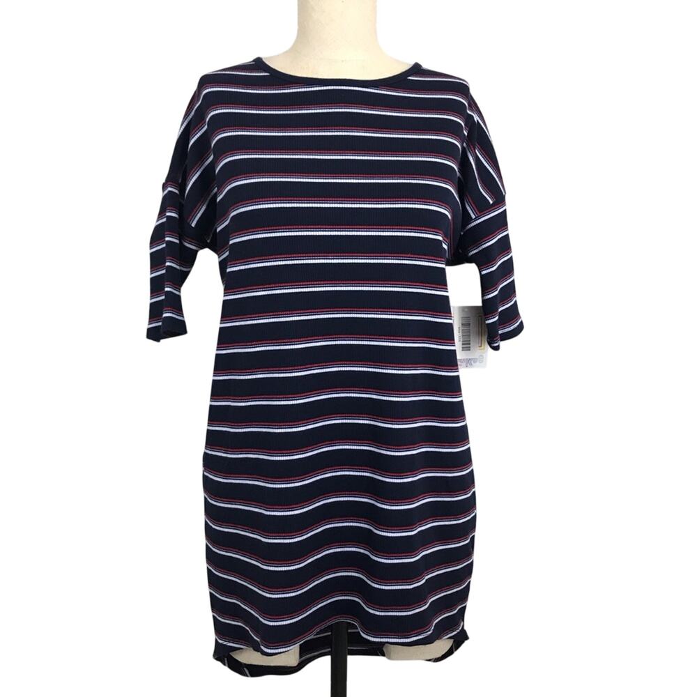 LuLaRoe Irma Tunic Top Navy Blue Red White Striped Short Sleeve High Low XXS